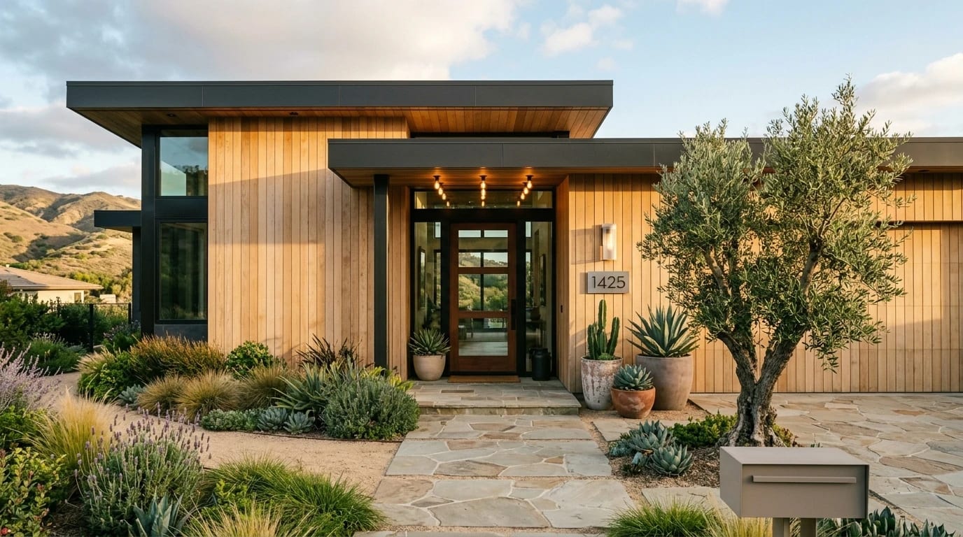 Bodrum Gümüşlük villa — dikey ahşap kaplama, taş zemin, Akdeniz peyzajı ve zeytin ağacıyla modern villa giriş cephesi, CO-FLUX Mimarlık tasarımı