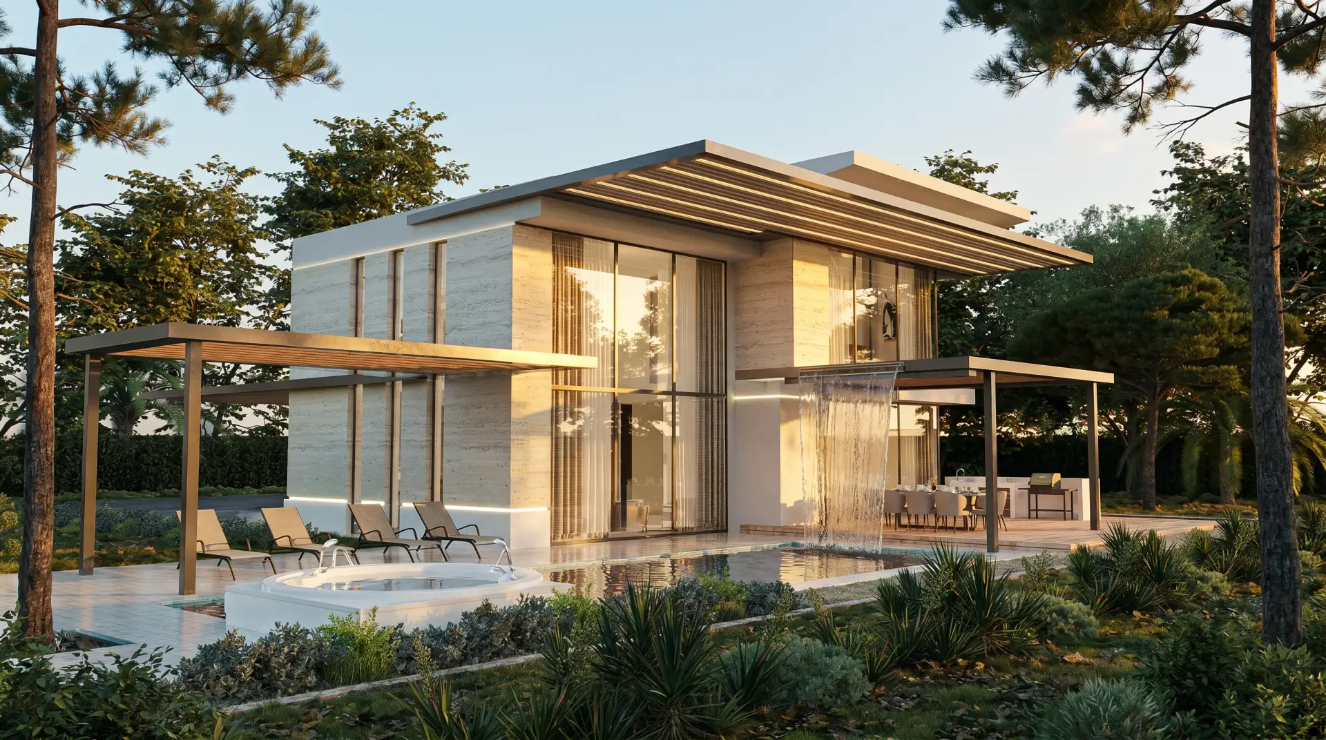 Çankaya Ankara'da travertin ve ahşap modern villa — cantilever saçaklar, havuz ve şelale detayı