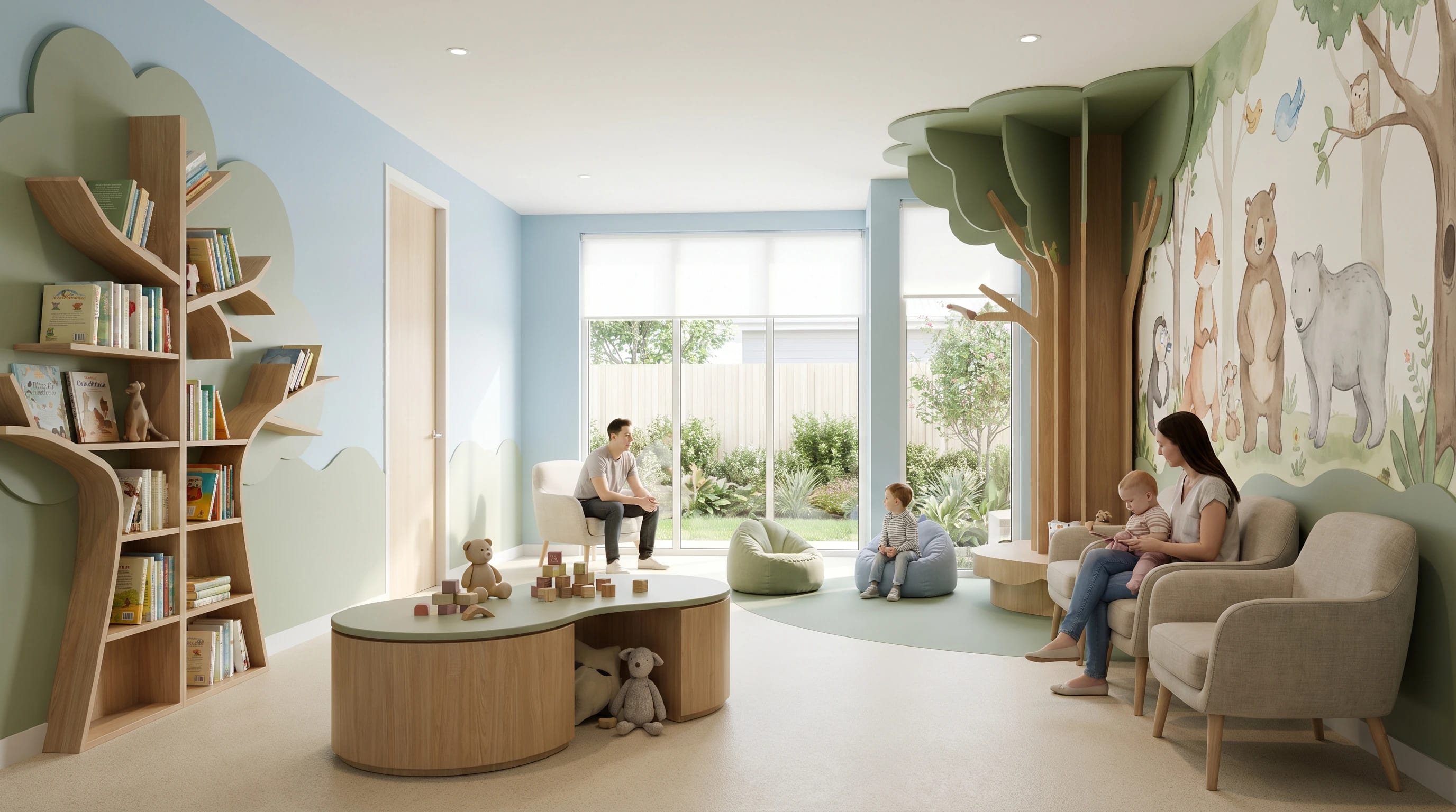 Selin Hanım Pediatri Kliniği — Ankara'da CO-FLUX Mimarlık tarafından tasarlanan çocuk doktoru muayenehanesi; ağaç şeklinde kitap rafları, orman temalı duvar mural'ı, pastel mavi-yeşil palette ve aile dostu bekleme alanı