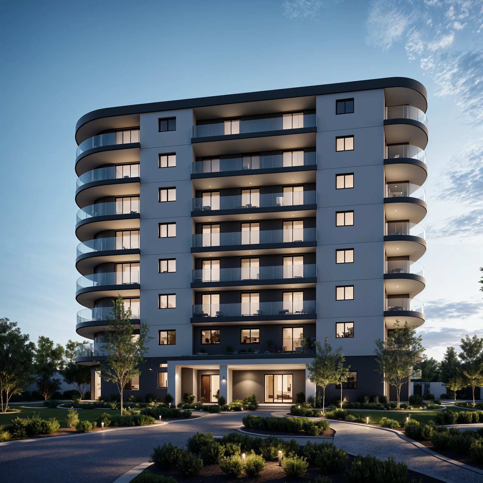 Aurora Konutları Ankara — kavisli balkonlu, geniş camlı modern orta yükseklikte çok konutlu yapı