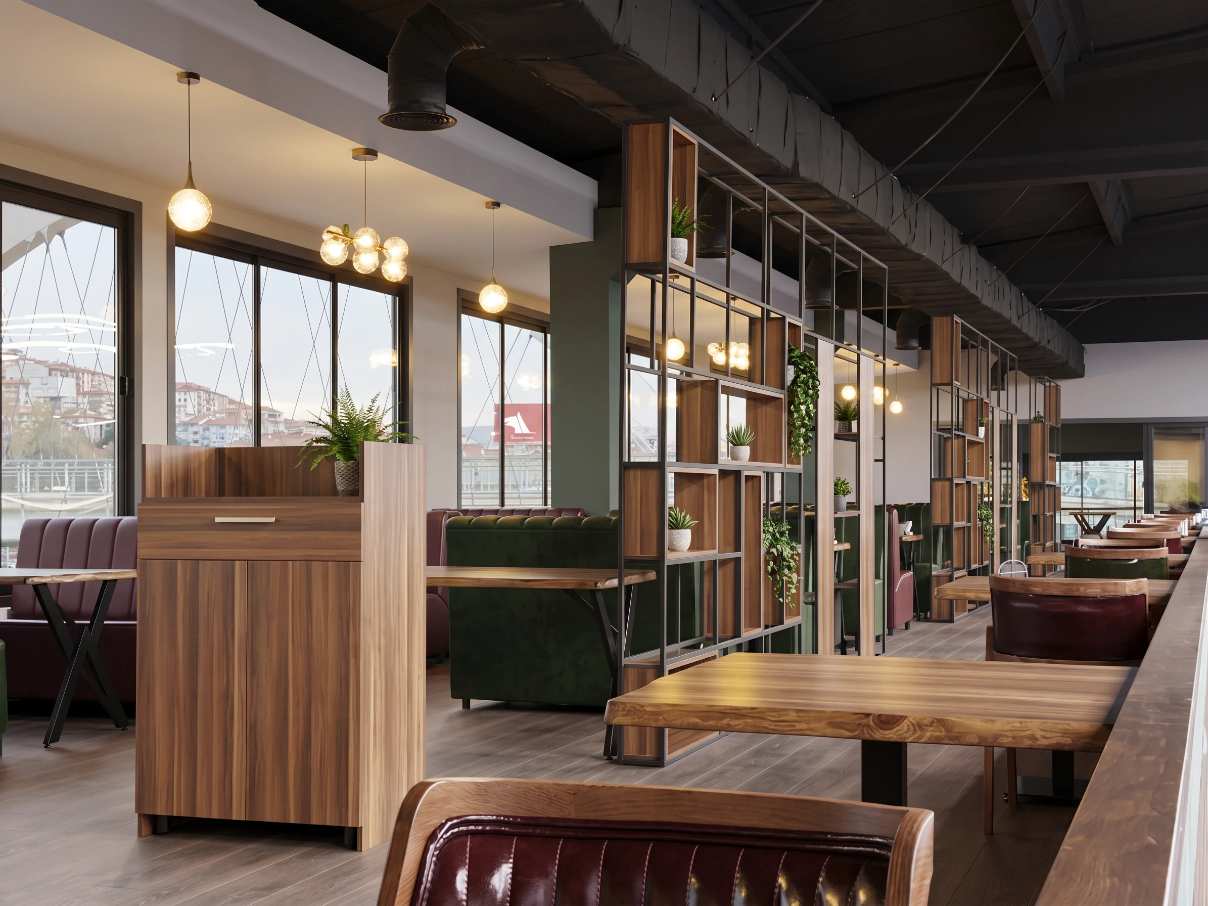 BN Coffee & Food — yeşil ve bordo deri oturma birimleri, ahşap-metal raf bölücüler ve sarkıt aydınlatma