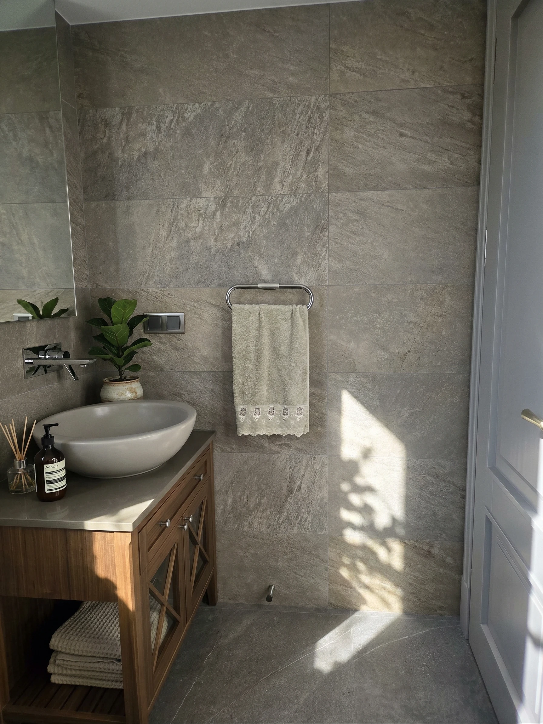 Banyo — doğal taş ve ceviz vanity