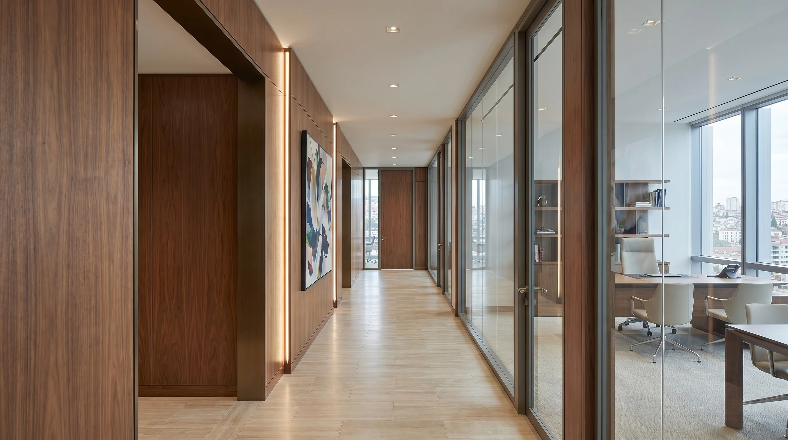 Koridor — walnut paneling, lineer LED ve cam bölmeli ofisler